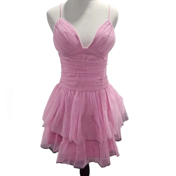 Selfie Leslie Nightingale Ruched Mesh Mini Dress Barbie Pink - Picture 5 of 6